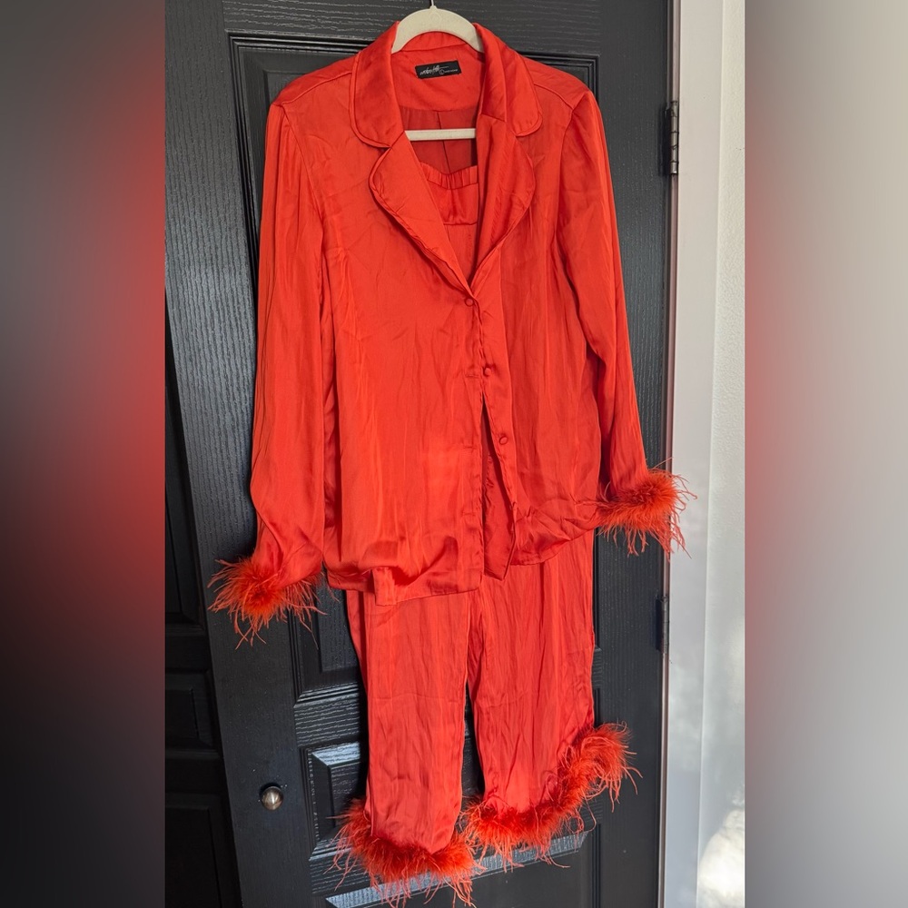 Deep Orange/Red Feather Trim Pajama Set